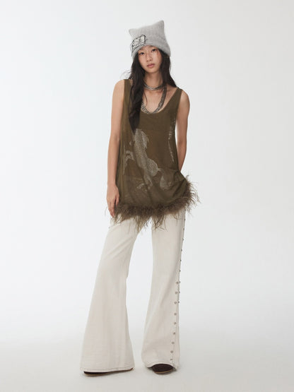 Ostrich Feather Hem See-Through Mesh Base Vest Permed Diamond Large U-Neck Design Top【s0000014976】