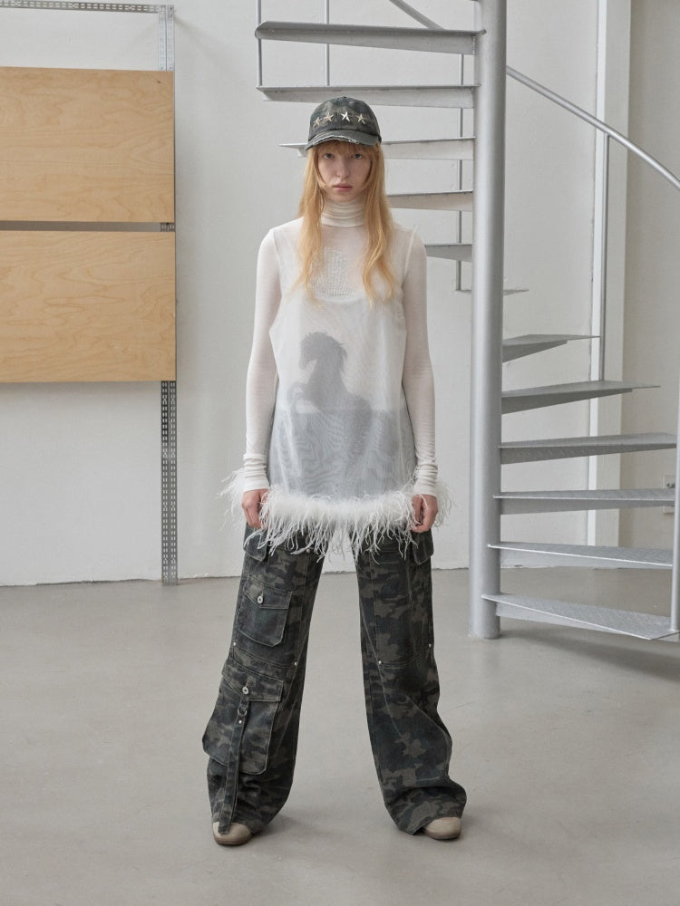Ostrich Feather Hem See-Through Mesh Base Vest Permed Diamond Large U-Neck Design Top【s0000014976】