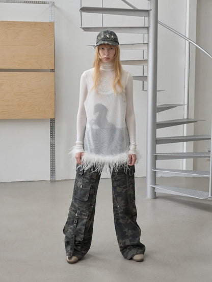 Ostrich Feather Hem See-Through Mesh Base Vest Permed Diamond Large U-Neck Design Top【s0000014976】