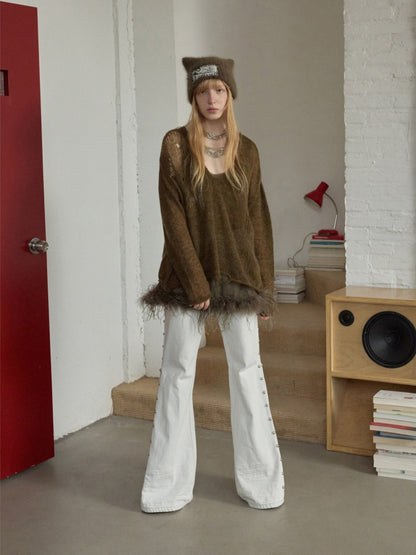 Ostrich Feather Hem See-Through Mesh Base Vest Permed Diamond Large U-Neck Design Top【s0000014976】