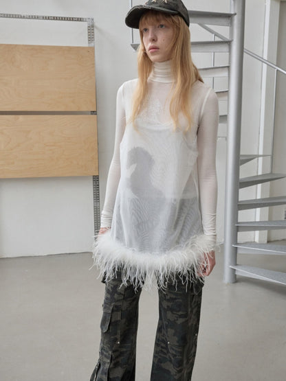 Ostrich Feather Hem See-Through Mesh Base Vest Permed Diamond Large U-Neck Design Top【s0000014976】