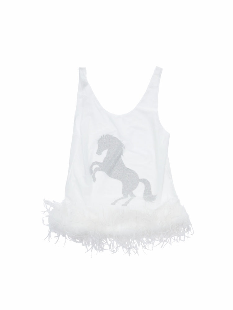Ostrich Feather Hem See-Through Mesh Base Vest Permed Diamond Large U-Neck Design Top【s0000014976】