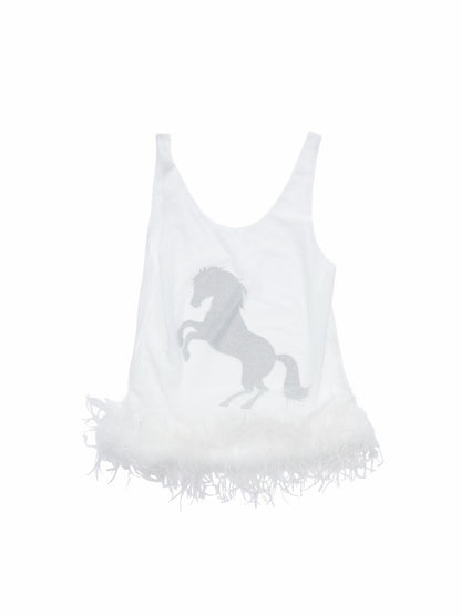 Ostrich Feather Hem See-Through Mesh Base Vest Permed Diamond Large U-Neck Design Top【s0000014976】