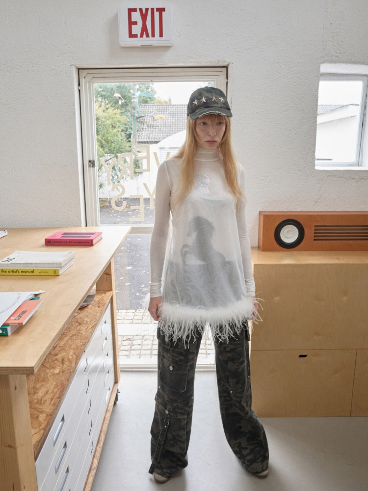 Ostrich Feather Hem See-Through Mesh Base Vest Permed Diamond Large U-Neck Design Top【s0000014976】