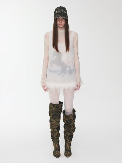 Ostrich Feather Hem See-Through Mesh Base Vest Permed Diamond Large U-Neck Design Top【s0000014976】