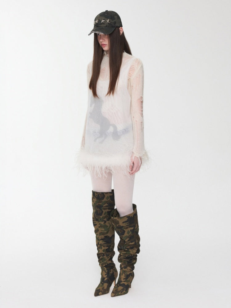 Ostrich Feather Hem See-Through Mesh Base Vest Permed Diamond Large U-Neck Design Top【s0000014976】