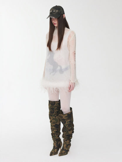Ostrich Feather Hem See-Through Mesh Base Vest Permed Diamond Large U-Neck Design Top【s0000014976】