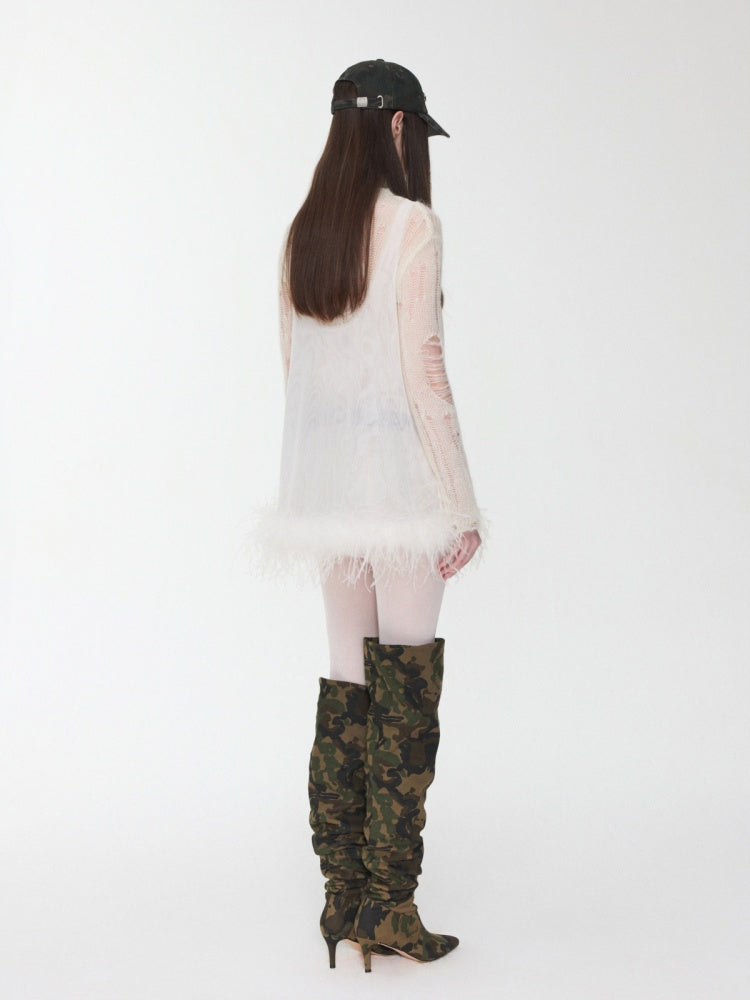Ostrich Feather Hem See-Through Mesh Base Vest Permed Diamond Large U-Neck Design Top【s0000014976】