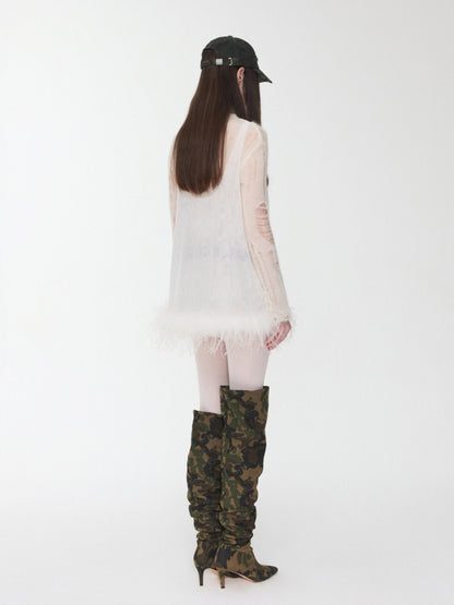 Ostrich Feather Hem See-Through Mesh Base Vest Permed Diamond Large U-Neck Design Top【s0000014976】