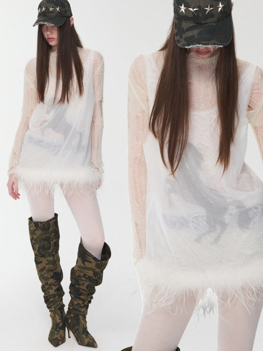 Ostrich Feather Hem See-Through Mesh Base Vest Permed Diamond Large U-Neck Design Top【s0000014976】
