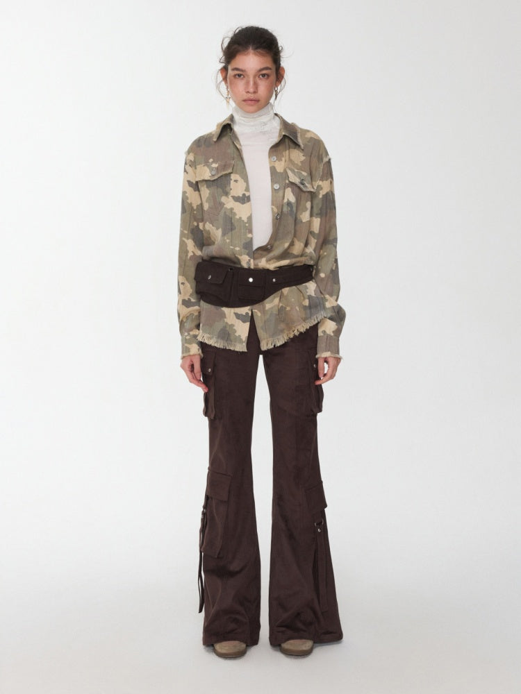 Vintage Camouflage Washed Three-Dimensional Pleated Slim Shirt Raw Edge Tassel Design Top【s0000014977】
