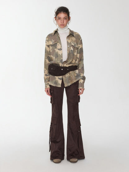 Vintage Camouflage Washed Three-Dimensional Pleated Slim Shirt Raw Edge Tassel Design Top【s0000014977】