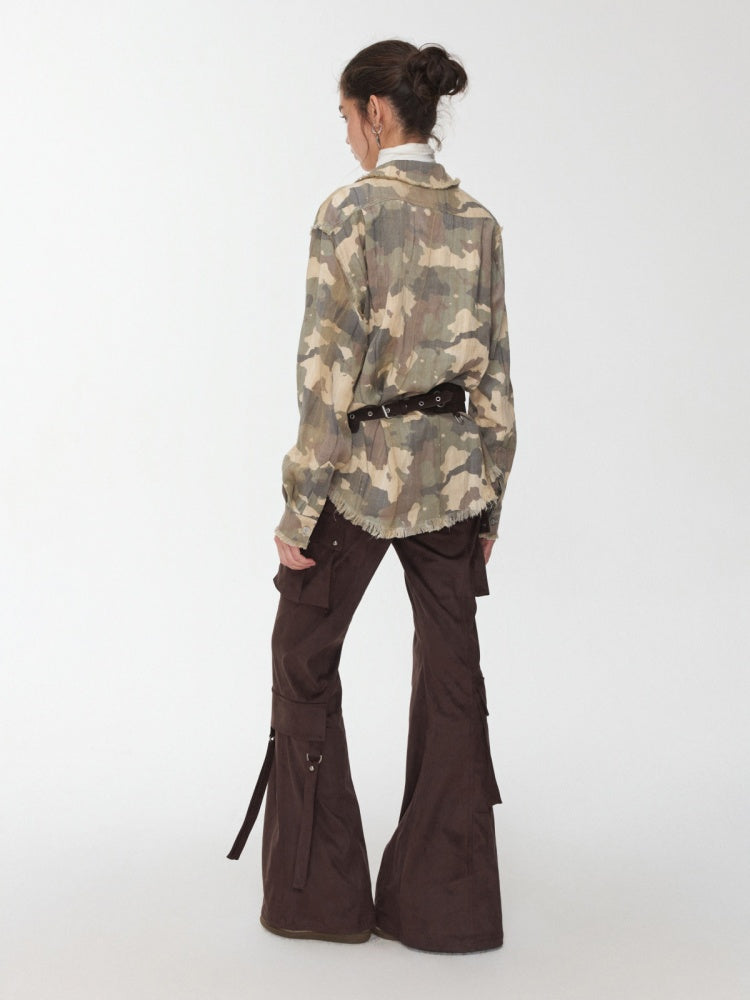 Vintage Camouflage Washed Three-Dimensional Pleated Slim Shirt Raw Edge Tassel Design Top【s0000014977】