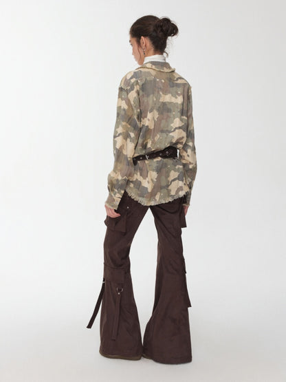 Vintage Camouflage Washed Three-Dimensional Pleated Slim Shirt Raw Edge Tassel Design Top【s0000014977】