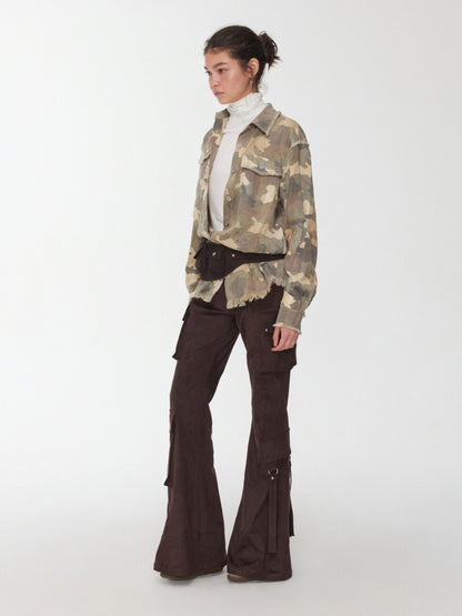 Vintage Camouflage Washed Three-Dimensional Pleated Slim Shirt Raw Edge Tassel Design Top【s0000014977】