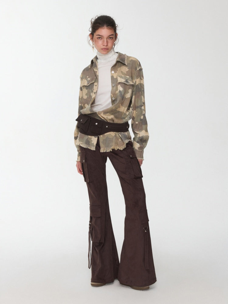 Vintage Camouflage Washed Three-Dimensional Pleated Slim Shirt Raw Edge Tassel Design Top【s0000014977】