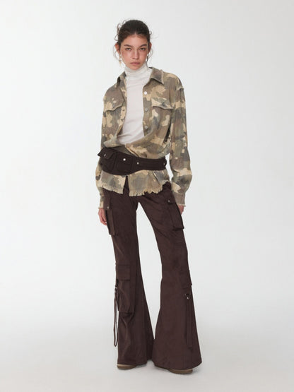 Vintage Camouflage Washed Three-Dimensional Pleated Slim Shirt Raw Edge Tassel Design Top【s0000014977】