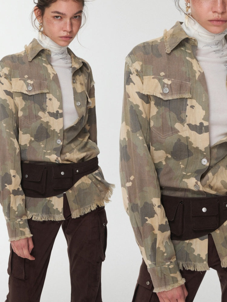 Vintage Camouflage Washed Three-Dimensional Pleated Slim Shirt Raw Edge Tassel Design Top【s0000014977】