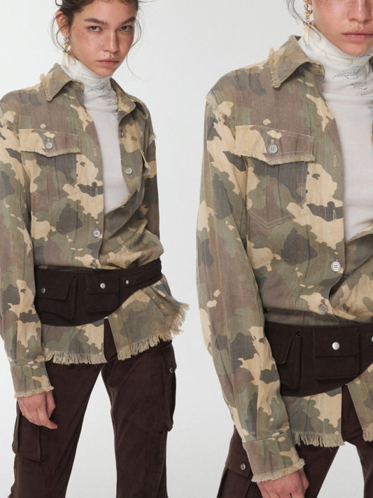 Vintage Camouflage Washed Three-Dimensional Pleated Slim Shirt Raw Edge Tassel Design Top【s0000014977】