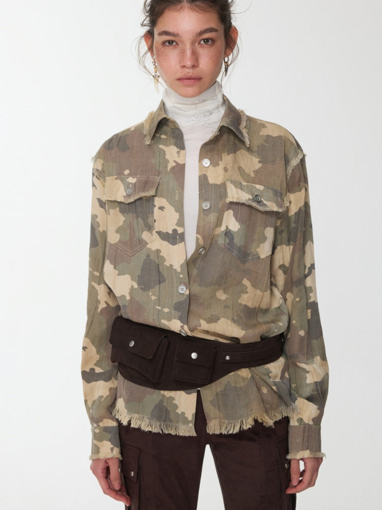 Vintage Camouflage Washed Three-Dimensional Pleated Slim Shirt Raw Edge Tassel Design Top【s0000014977】