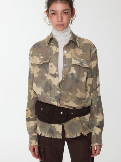 Vintage Camouflage Washed Three-Dimensional Pleated Slim Shirt Raw Edge Tassel Design Top【s0000014977】