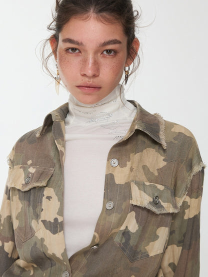 Vintage Camouflage Washed Three-Dimensional Pleated Slim Shirt Raw Edge Tassel Design Top【s0000014977】