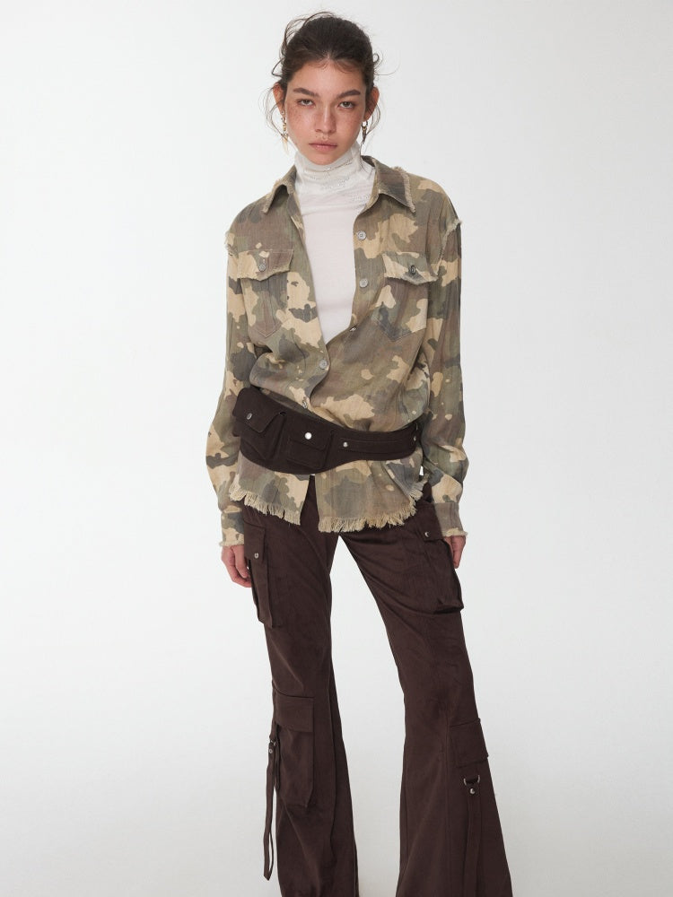 Vintage Camouflage Washed Three-Dimensional Pleated Slim Shirt Raw Edge Tassel Design Top【s0000014977】