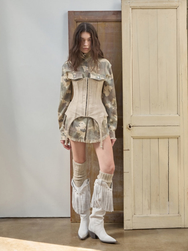 Vintage Camouflage Washed Three-Dimensional Pleated Slim Shirt Raw Edge Tassel Design Top【s0000014977】