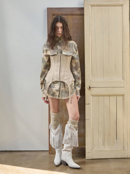 Vintage Camouflage Washed Three-Dimensional Pleated Slim Shirt Raw Edge Tassel Design Top【s0000014977】