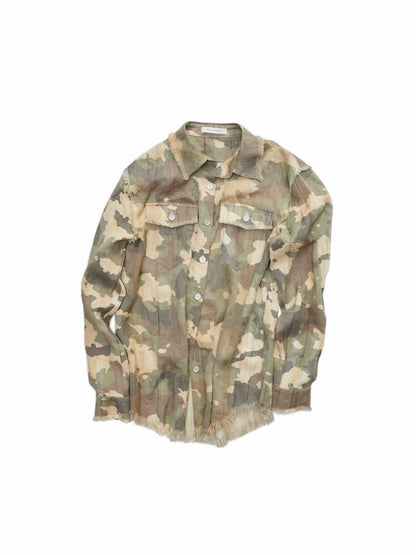 Vintage Camouflage Washed Three-Dimensional Pleated Slim Shirt Raw Edge Tassel Design Top【s0000014977】