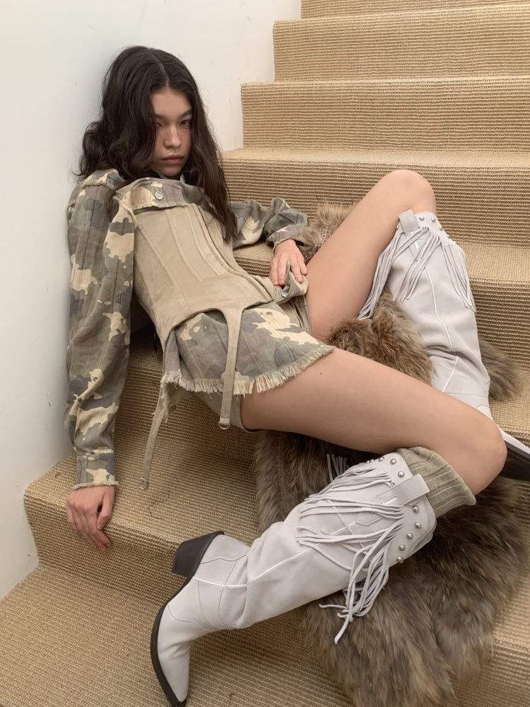 Vintage Camouflage Washed Three-Dimensional Pleated Slim Shirt Raw Edge Tassel Design Top【s0000014977】