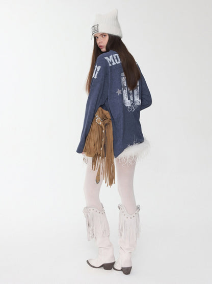 American Football Sports Print Hot Diamond T-Shirt Oversize Dropped Shoulder Long Sleeve Top【s0000014978】
