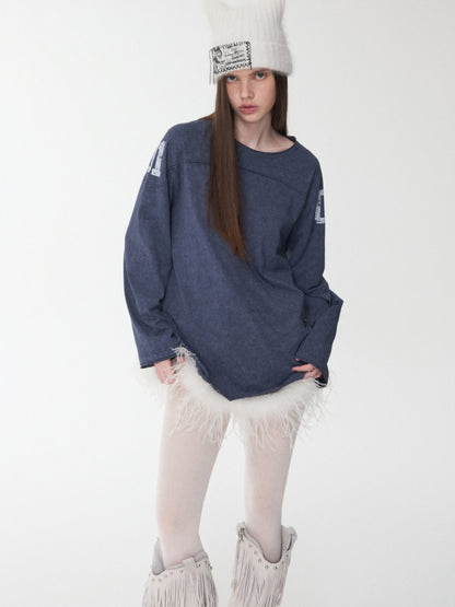 American Football Sports Print Hot Diamond T-Shirt Oversize Dropped Shoulder Long Sleeve Top【s0000014978】