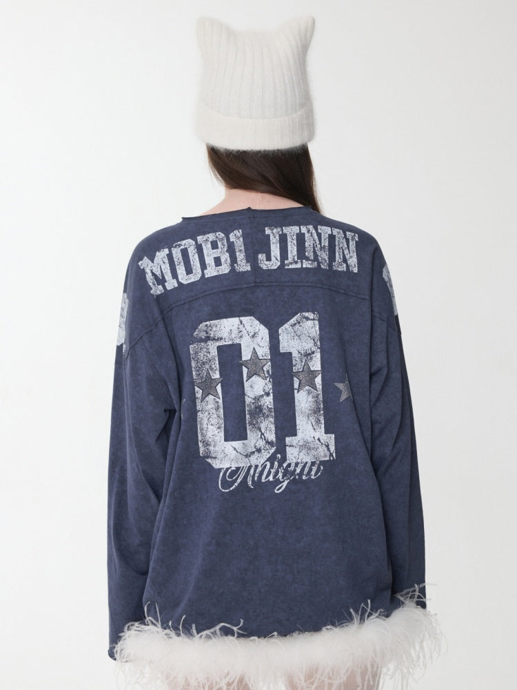 American Football Sports Print Hot Diamond T-Shirt Oversize Dropped Shoulder Long Sleeve Top【s0000014978】