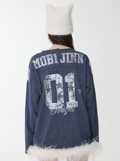 American Football Sports Print Hot Diamond T-Shirt Oversize Dropped Shoulder Long Sleeve Top【s0000014978】