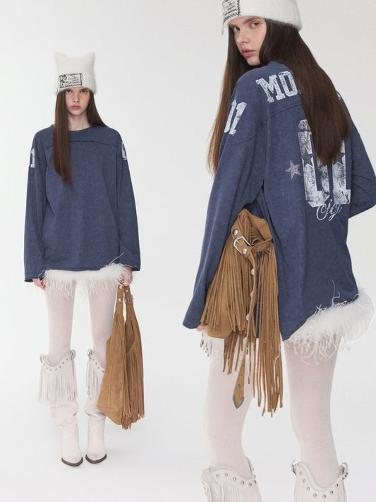 American Football Sports Print Hot Diamond T-Shirt Oversize Dropped Shoulder Long Sleeve Top【s0000014978】