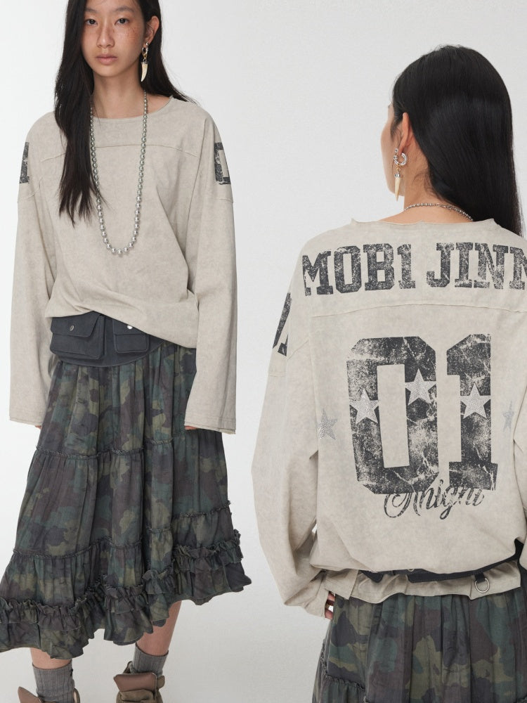 American Football Sports Print Hot Diamond T-Shirt Oversize Dropped Shoulder Long Sleeve Top【s0000014978】