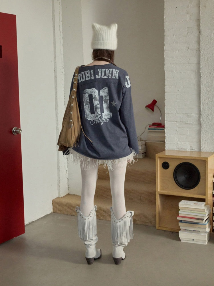 American Football Sports Print Hot Diamond T-Shirt Oversize Dropped Shoulder Long Sleeve Top【s0000014978】