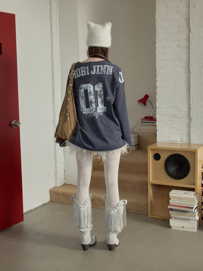 American Football Sports Print Hot Diamond T-Shirt Oversize Dropped Shoulder Long Sleeve Top【s0000014978】