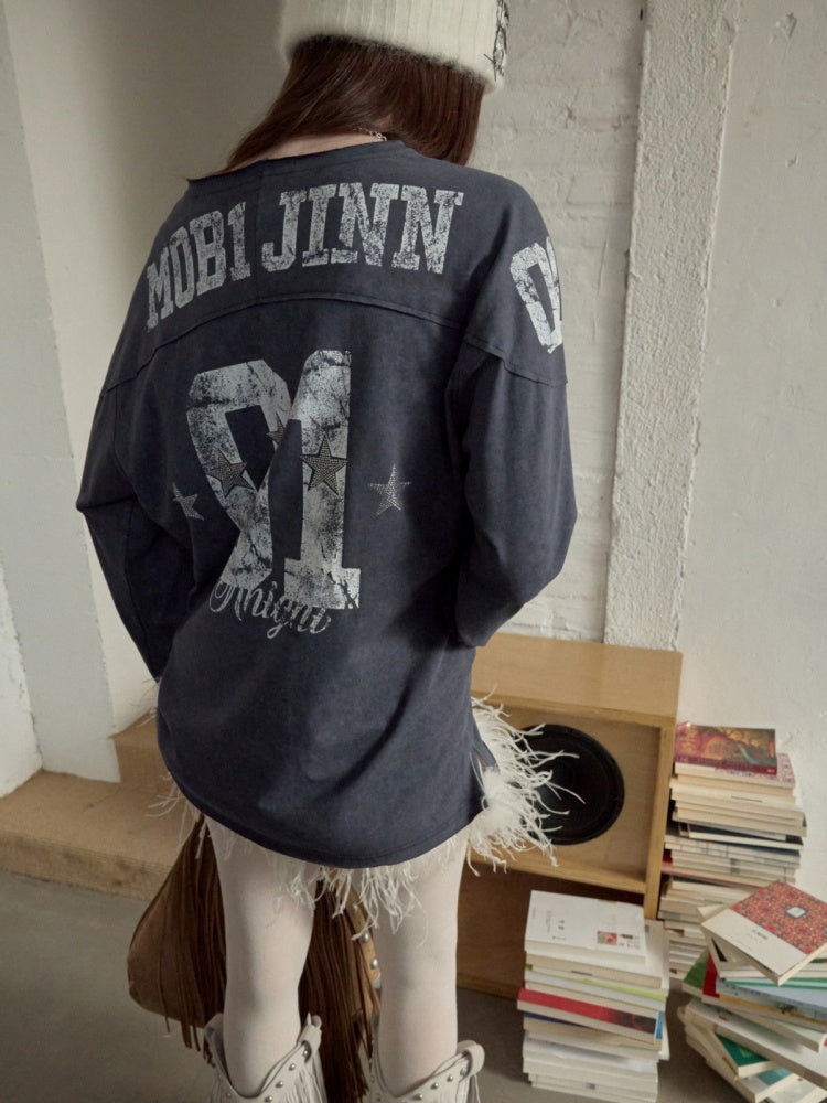 American Football Sports Print Hot Diamond T-Shirt Oversize Dropped Shoulder Long Sleeve Top【s0000014978】