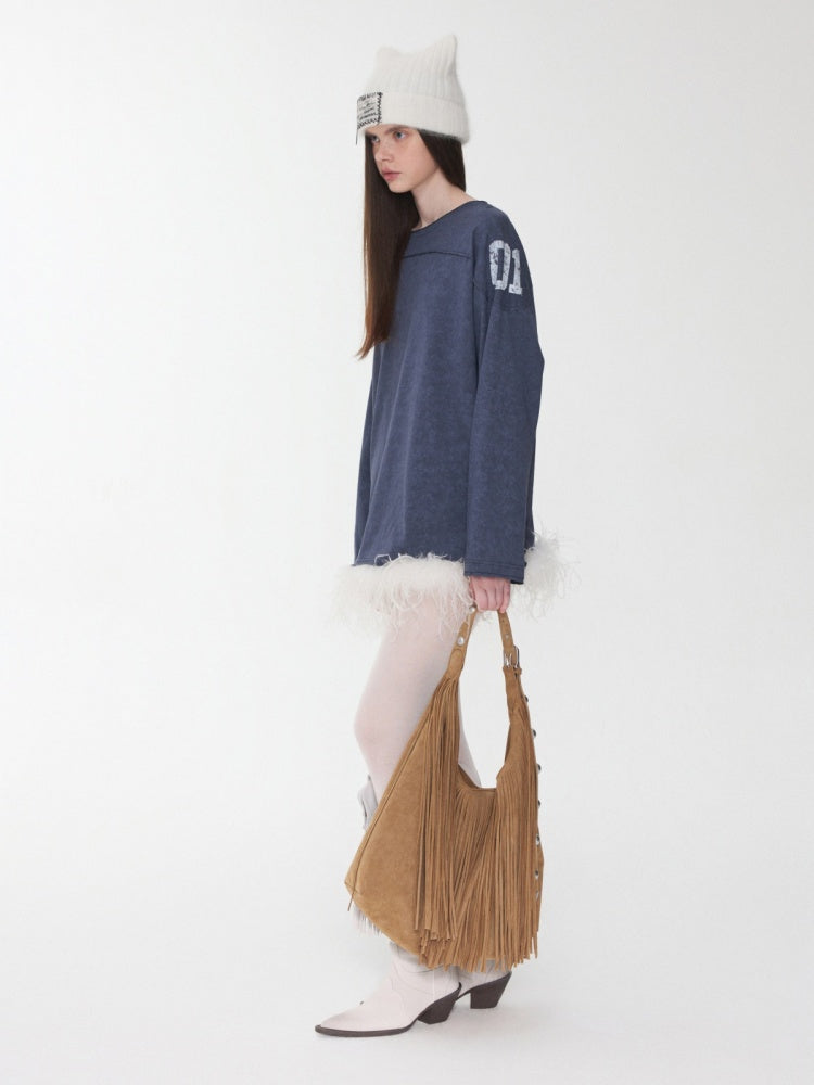 American Football Sports Print Hot Diamond T-Shirt Oversize Dropped Shoulder Long Sleeve Top【s0000014978】