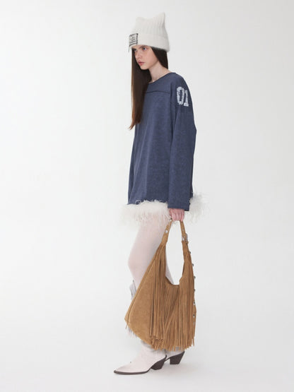 American Football Sports Print Hot Diamond T-Shirt Oversize Dropped Shoulder Long Sleeve Top【s0000014978】