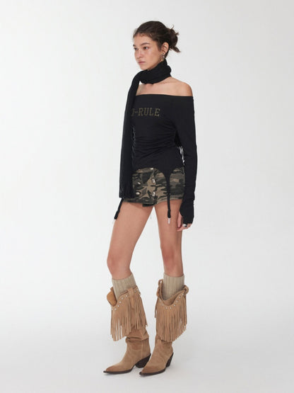 Rhinestone Garter With Boat Neck Wrinkled Knitted Base Layer Slim Down Lazy Top【s0000014979】