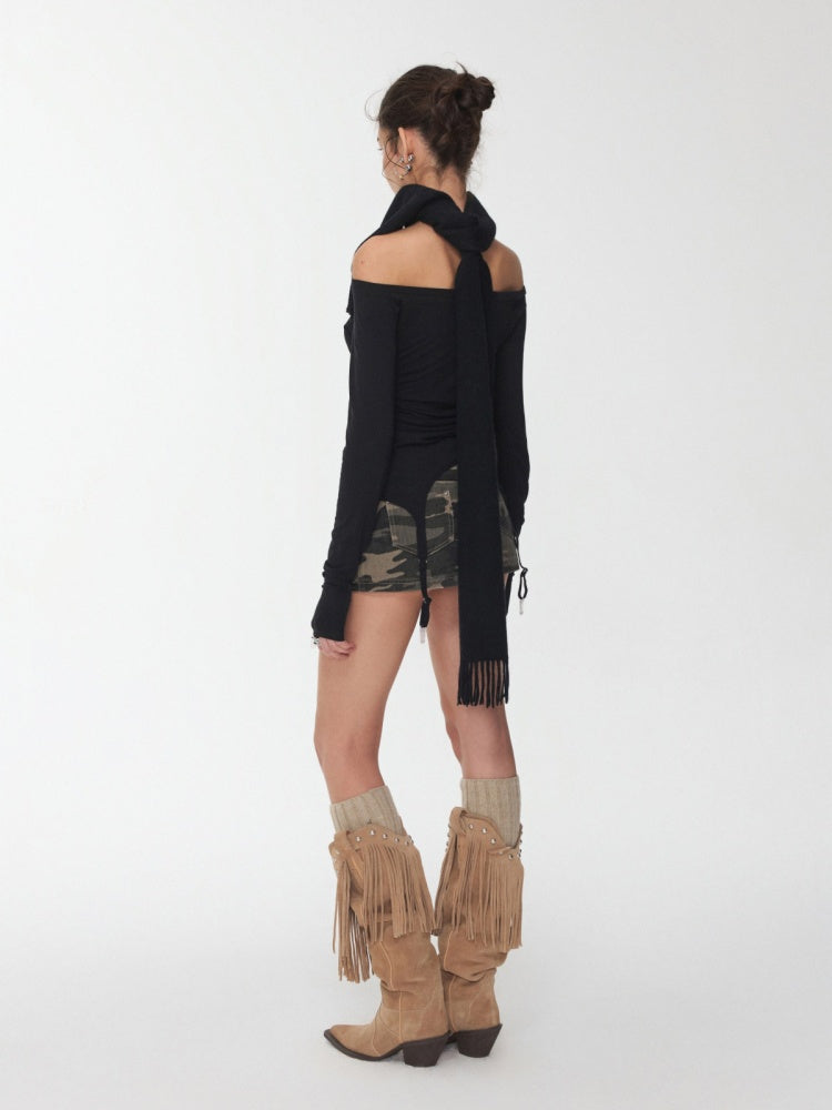 Rhinestone Garter With Boat Neck Wrinkled Knitted Base Layer Slim Down Lazy Top【s0000014979】