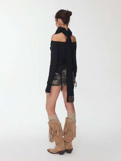 Rhinestone Garter With Boat Neck Wrinkled Knitted Base Layer Slim Down Lazy Top【s0000014979】