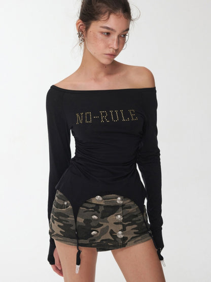 Rhinestone Garter With Boat Neck Wrinkled Knitted Base Layer Slim Down Lazy Top【s0000014979】