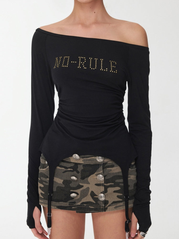 Rhinestone Garter With Boat Neck Wrinkled Knitted Base Layer Slim Down Lazy Top【s0000014979】