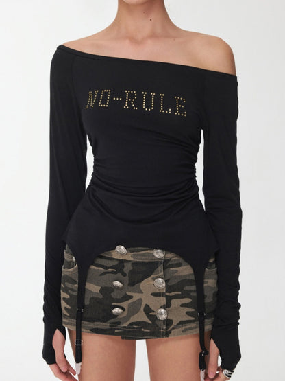 Rhinestone Garter With Boat Neck Wrinkled Knitted Base Layer Slim Down Lazy Top【s0000014979】