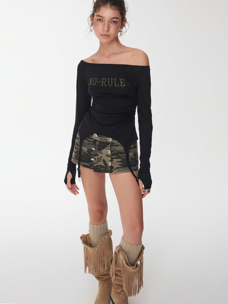 Rhinestone Garter With Boat Neck Wrinkled Knitted Base Layer Slim Down Lazy Top【s0000014979】