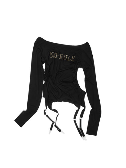 Rhinestone Garter With Boat Neck Wrinkled Knitted Base Layer Slim Down Lazy Top【s0000014979】